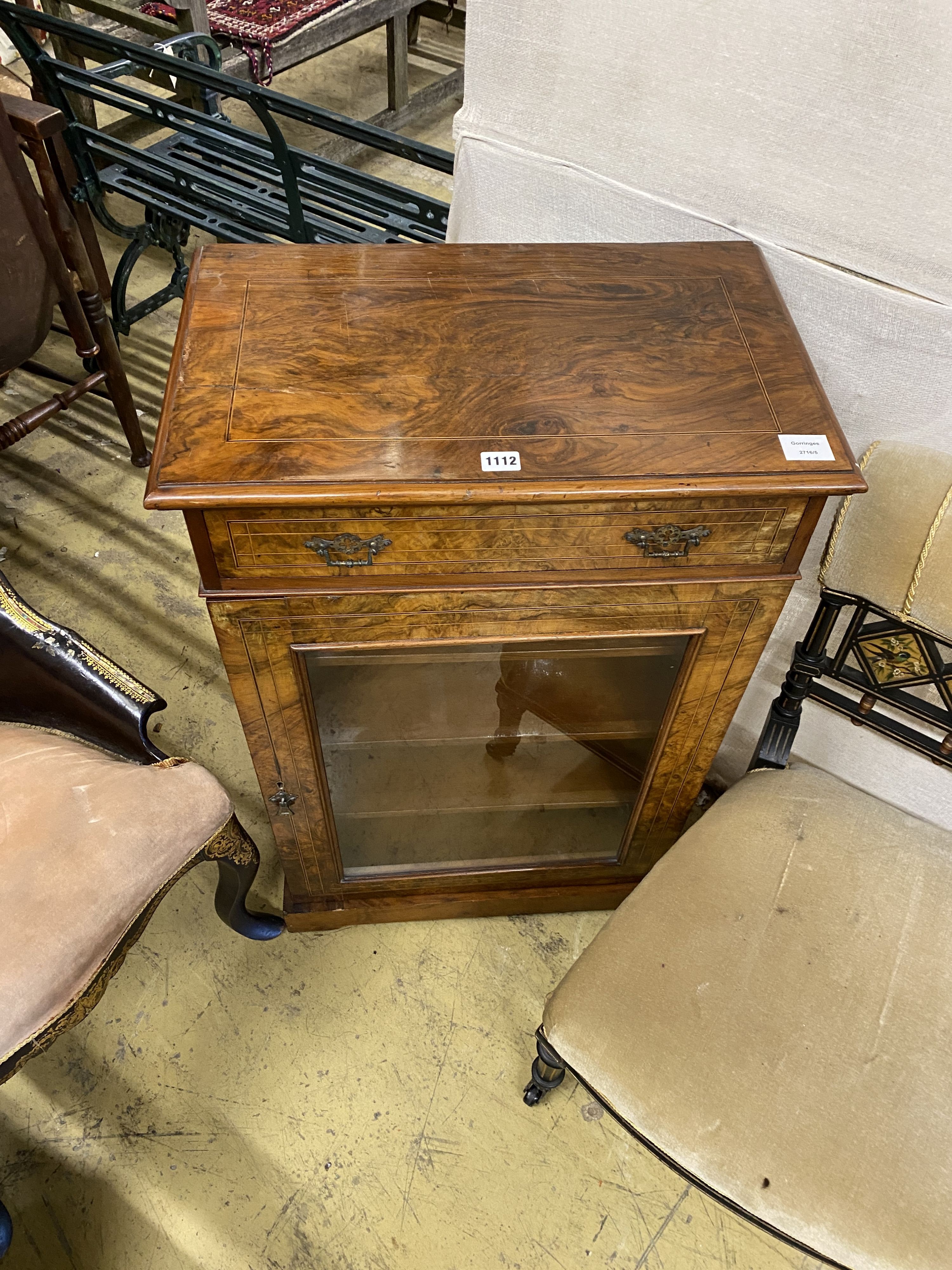 A late Victorian burr walnut walnut glazed music cabinet, width 58cm, depth 35cm, height 90cm
